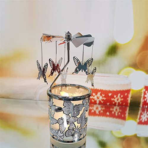 Kingnero Carousel Candle Rotary Candle Holder Spinning Candleholder Metal Tea Light Candlestick For Home Decor (Silver Butterfly) #TOP2