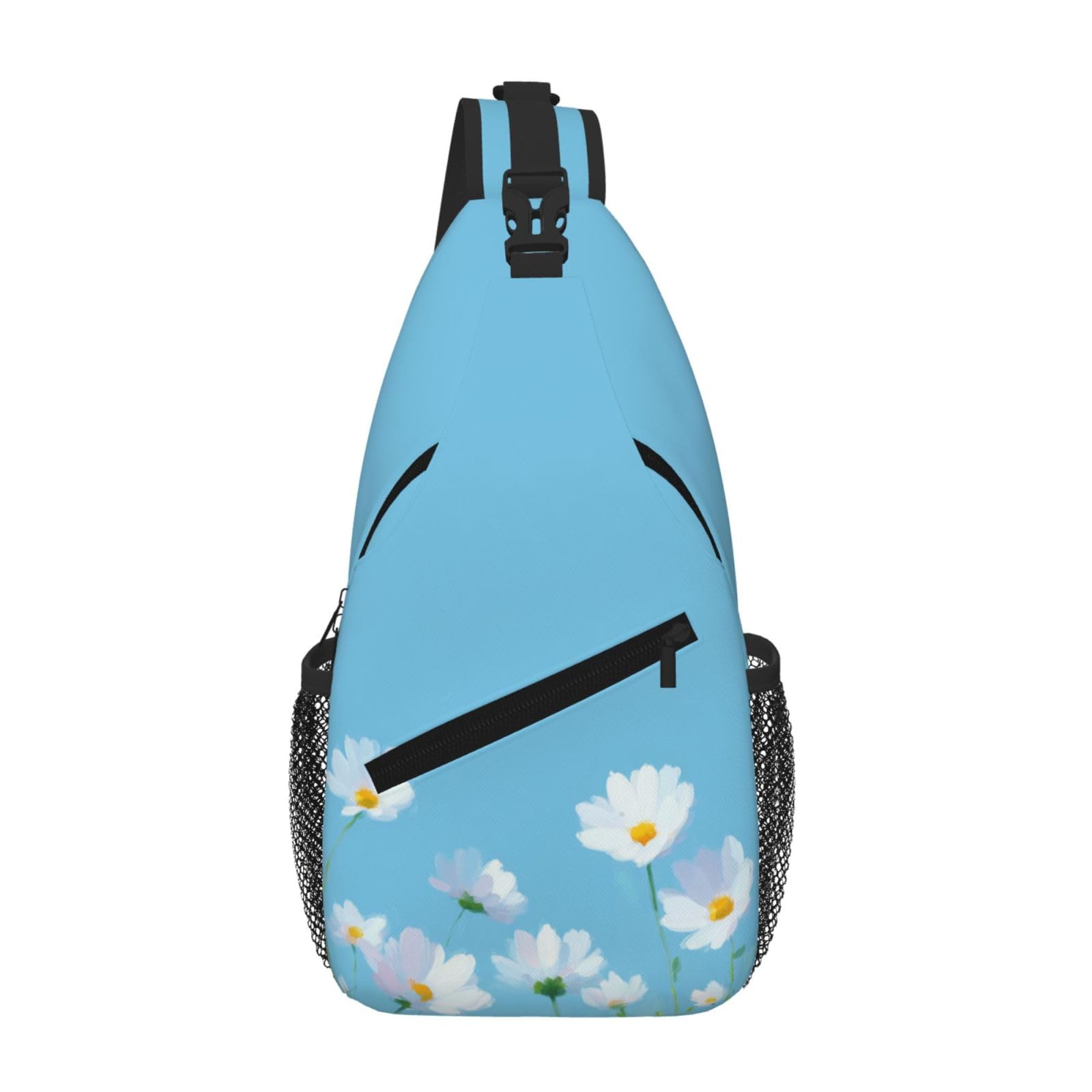 SUPLUCHOM Sling Bag White Flower Blue Summer Hiking Daypack Crossbody Shoulder Backpack Travel Chest Pack for Men Women