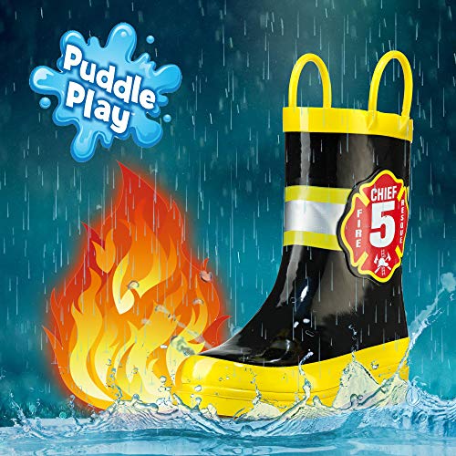 Puddle Play Rubber Rainboots 100% Waterproof - Easy-on Handles Yellow Fire Chief Size 1 Little Kid3