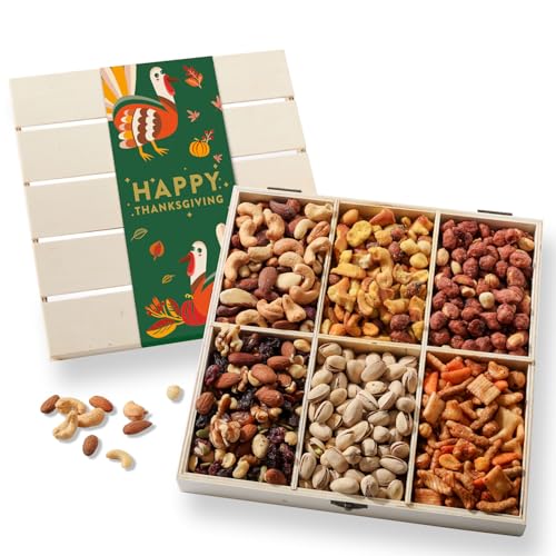 Product image of Thanksgiving Mixed Nuts Gift Basket, Premium Assorted Gourmet Nuts in Wooden Crate, Holiday Themed Packaging, Bonnie and Pop