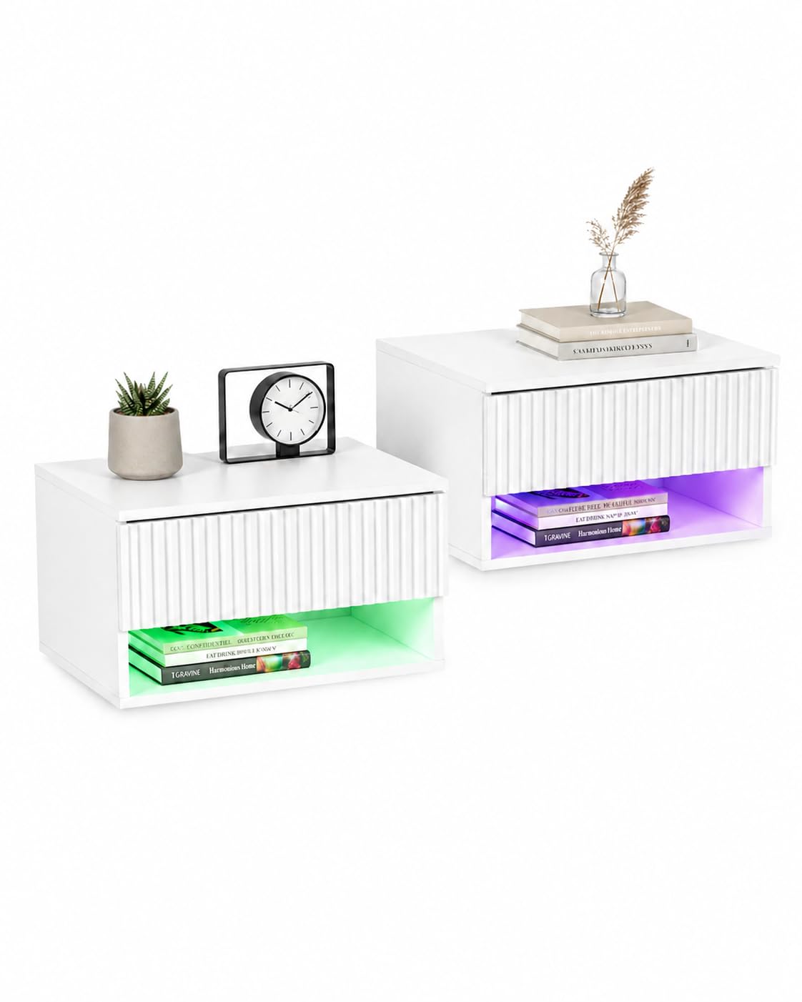 Set 2 Comodini Sospesi Bianchi Comodini da Parete con Cassetto e Vano Aperto Comodini Moderni per Camera da Letto Effetto RGB Decorativo 40 x 30 x 22,5 cm