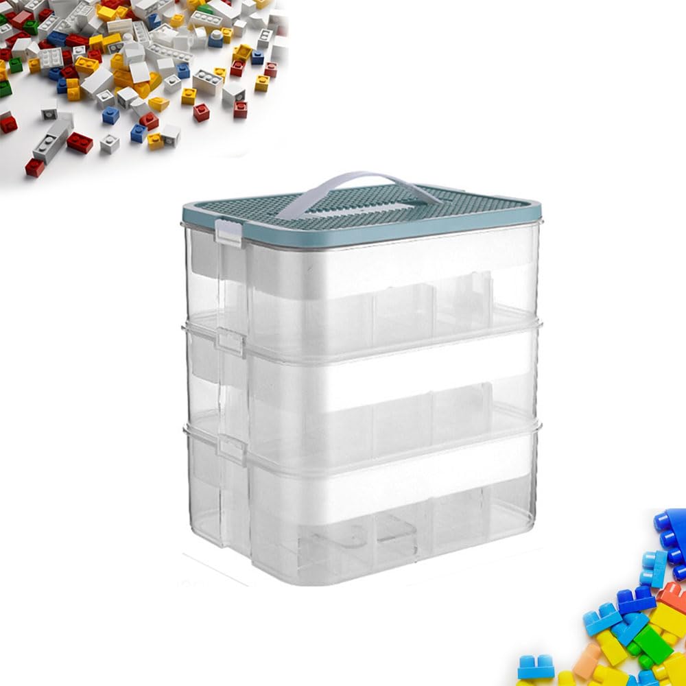 Stackable Toys Organizer Storage Case for Child, Clear Adjustable Compartments Kids Toy Containers with Bricks Baseplate Lids Portable Plastic Organizer Box (Three floor, Blue)