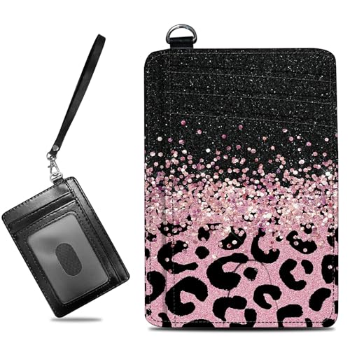 Image of Small Travel Wallets, Pink Glitter Leopard Slim Minimalist Front Pocket Wallet with Wristlet, RFID Blocking PU Leather Credit Card Holder with ID Window Change Purse for Men Women