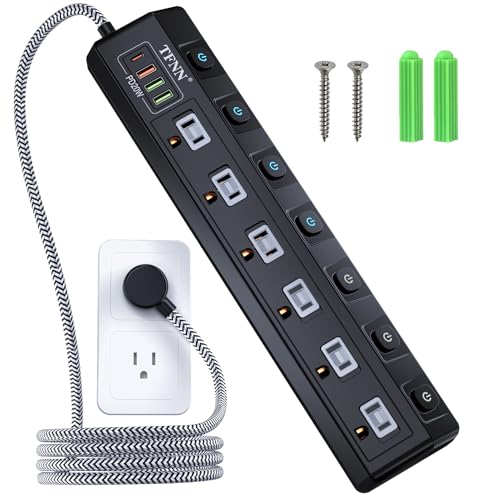 Power Strip with USB Ports,Wall Mount 5FT Total 70W 4 USB Charging Station,USB-C(PD 20W) 3USB-A(QC20W*1,5V3A*2),Individually Switchable 1875W Extension Cord with 6 Outlets,Overload Protection