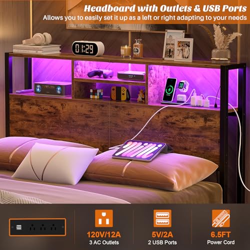 Image of Aheaplus Headboard for Full Size Bed with Storage, Headboards with Outlets | Full Size Head Board Only, USB Ports and LED Light, Height Adjustable, Reversible, Sturdy & Stable Headboard, Rustic Brown