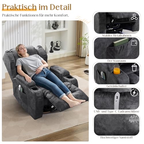 TCGBKAF Elektrischer Fernsehsessel Relaxsessel mit Liegefunktion,270°Drehsessel Kinosessel Massagesessel mit Wärmefunktion,TV Sessel Liegesessel fürs Wohnzimmer bis 150kg (Samtstoff, Grau) – Bild 7