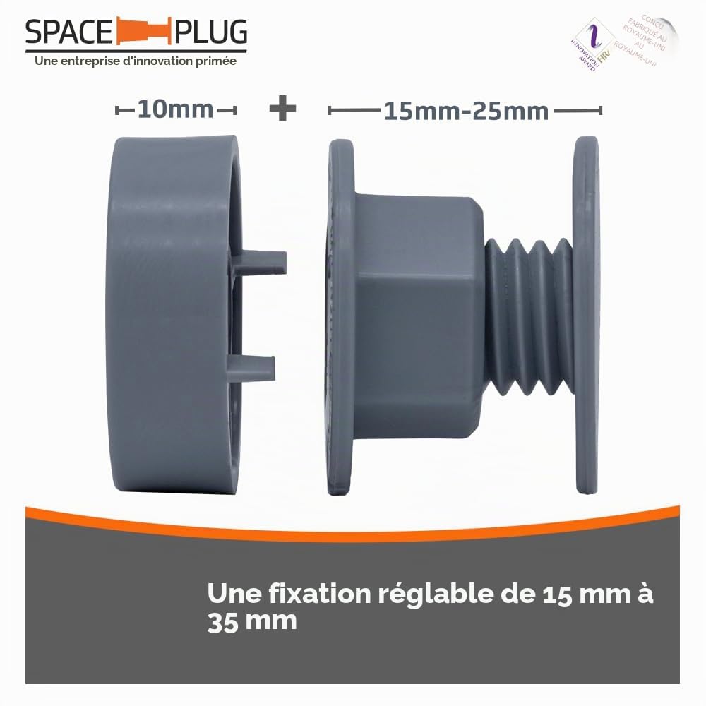 Space-Plug Lot de 100 entretoises réglables (taille mini pour espaces de 15 à 35 mm), lot de 100 entretoises grises, utilisation professionnelle et bricolage pour cuisine, chambre, salle de bain et