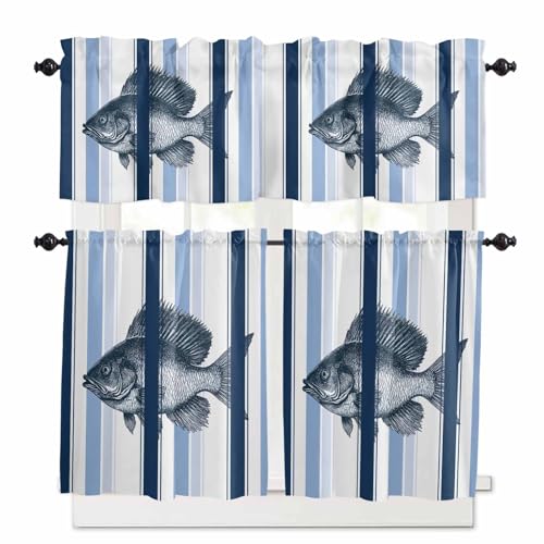 Ocean Fish Kitchen Curtains 36 Inch Length, 3 Piece Rod Pocket Small Half Tiers and Valance Set, Watercolor Navy Blue Aqua Stripe Modern Small Large Window Treatment Decor for Bedroom/Bathroom Sink