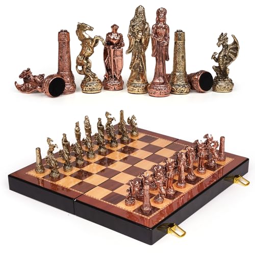 Vintage Figurine Chess Set for Adults and Kids - Wooden Board With Metal Pieces - Travel Chess Set - Collectible Elegant Game - Family Vintage Board Game