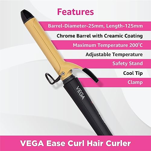 VEGA Ease Curl 25 mm Barrel Hair Curler With Ceramic Coated Plates, (VHCH-02, Beige) - Image 3