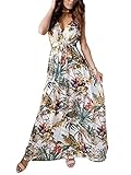 ORANDESIGNE Damen Boho Lange Kleider V-Ausschnitt Sommerkleider Kurzarm Wickelkleid Maxikleid Vintage Strandkleid mit Schlitz 01 Weiß 48