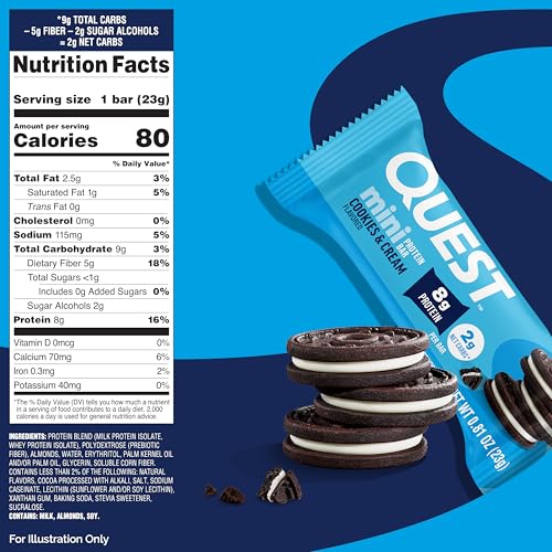 Image of Quest Nutrition Mini Cookies & Cream Protein Bars, 8g Protein, 1g Sugar, 2g Net Carbs, Gluten Free, 14 Count (Pack of 8)