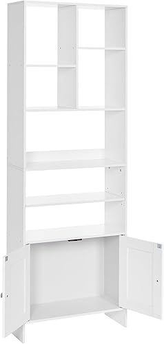 Miniatura 8 de BEWISHOME Boocase de 6 niveles altos con puertas, estantería blanca con gabinete de gran espacio de almacenamiento, estantes para libros, estante