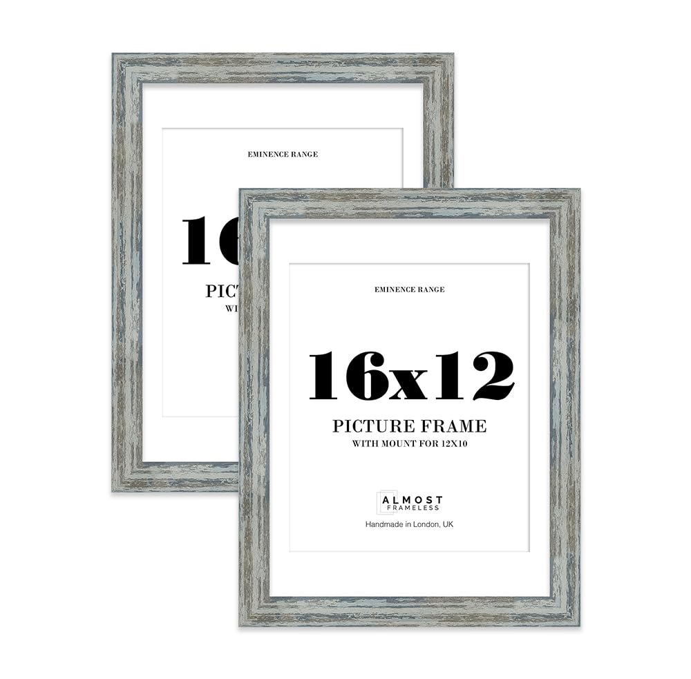 16x12" Distressed Blue Picture Frame with 12x10" Mount - Barnwood Photo Frame with Distressed Finish, Wall Hooks, 32mm Edge - 2 Pack