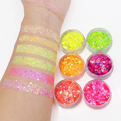 Glow In The Dark Glitter Eyeshadow Powder, Findinbeauty 6 Colors Uv Glow Blacklight Chunky Cosmetic Glitter For Crafts, Festival, Rave, Yoga, Body, Face, Nails, Party Makeup #TOP3