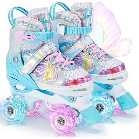 Maxluke Girls Roller Skates, Butterfly Design 4 Size Adjustable Kids Roller Skates for Girls, Boy and Women, Fun Illuminating Toddlers Quad Skates for Beginners Youth Indoor Outdoor(Small, Pink Green) Cover