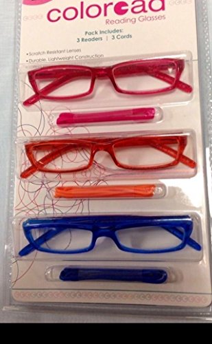 3 Pack Coloread +1.25 Foster Grant Reading Glasses w/ Cords (RED ORANGE BLUE) new