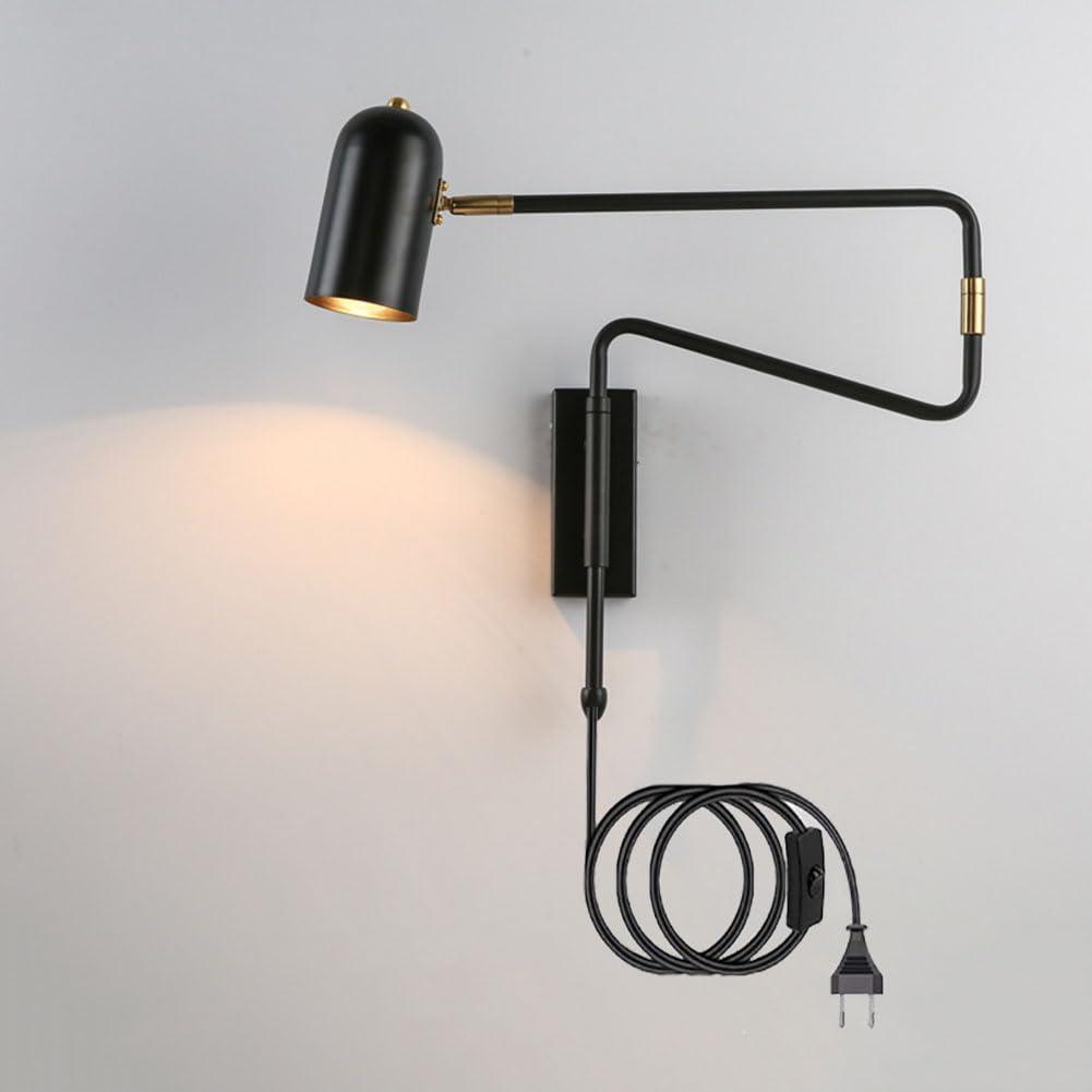 Vintage Wandleuchte mit Schalter und Stecker Wandlampe Verstellbarem Langen Arm Drehbarem Nachttischlampe E27 Innen Retro Industrielle Leselampe Teleskoparm Licht für Schlafzimmer Raum,Schwarz