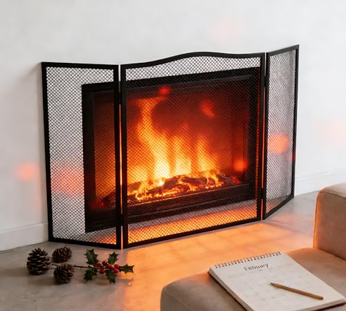 Calidola Protector contra chispas de chimenea de 3 paneles, pantalla plana de hierro con arco superior, 96,5 cm de largo x 61 cm de alto, panel de malla resistente para chimenea abierta, recubrimiento