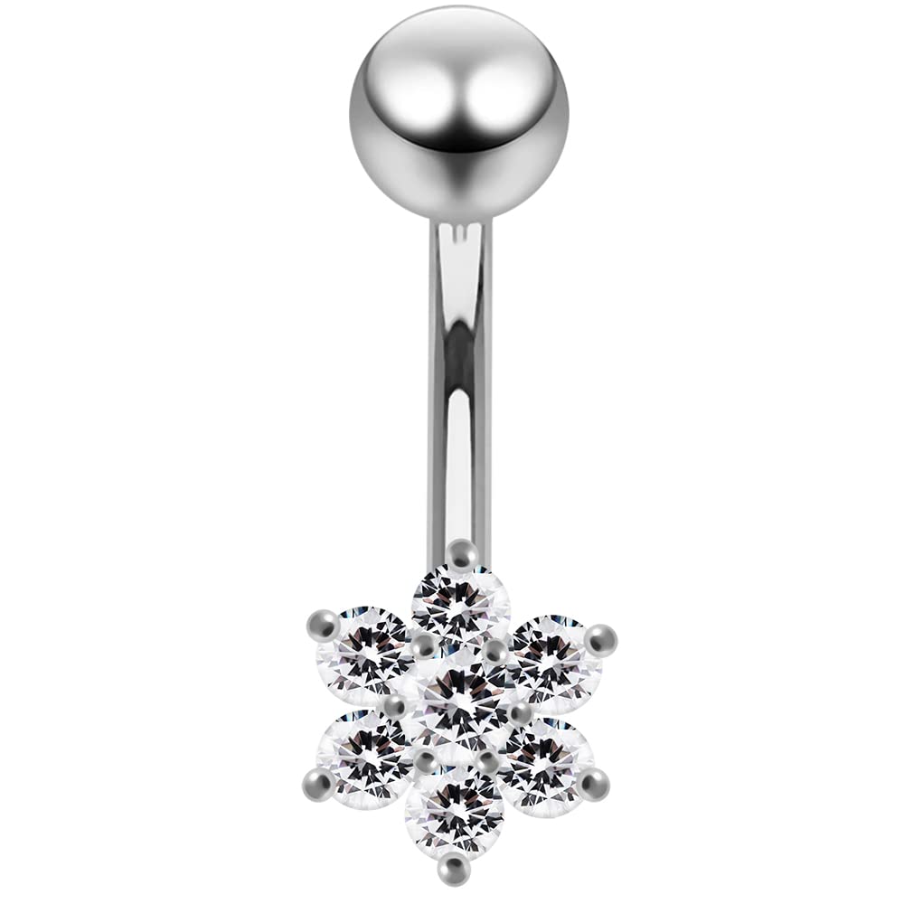 Monster PiercingPiercing Ombligo. Joya en Plata de Ley 925. FLOR con Piedras Engastadas de Zirconia Cúbico. Calibre: 14G (1,6 mm). Longitud: 10 mm. Hipoalergénico