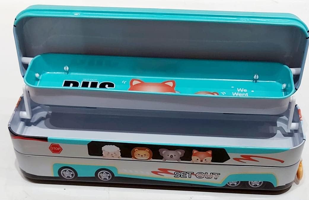JAPSI Unicorn Design Double Decker Bus Pencil Box, Metal Case with Wheels, Pink 4
