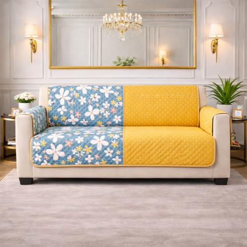 Image of STITCHNEST 'Double Vie Collection Series' Cotton Quilted Reversible Sofa Cover 3 Seater with Arm Rest and Pocket | Size 70x60 Inch