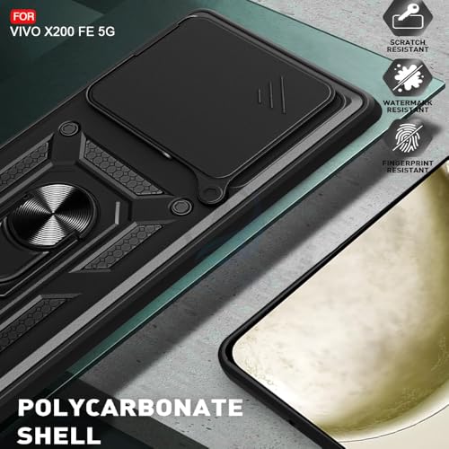 Image of AESTMO Tough Armor Vivo X200 FE 5G Bumper Back Case Cover | Ring Holder & Sliding Camera Shield Cover | 360 Degree Protection Back Case Cover for Vivo X200 FE 5G (Black)