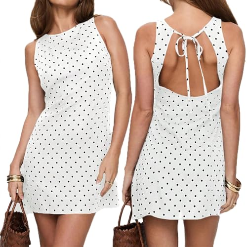 LOFAAC Women Sexy Polka Dots Tie Back Mini Dress Y2K Slim Fit Sleeveless Crew Neck Backless Going Out Short Dress