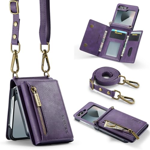 Étui portefeuille Galaxy Z Flip 6 en cuir avec fermeture éclair et bandoulière