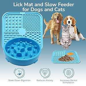 Slow feeder and lick mat bundle slow feeder dog bowls bpa free food safe materials pvc lead  phthalate free lick mat for dogs dog mental stimulation boredom reducer blue   cucciolini doodles