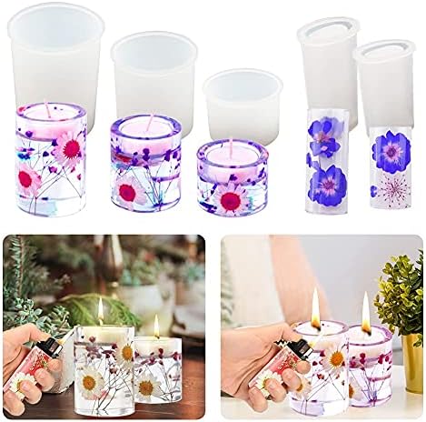 3Pcs Tealight Candle Holder Mold with J5/J3 Lighter Case Mold for Resin, 3 Size Pillar Tea Light Cylinder Resin Molds Silicone, Candlestick Epoxy Resin Molds for Resin Casting, Decor, Wedding, Party