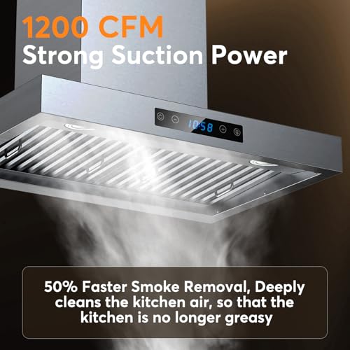 Image of 30 Inch Wall Mount Range Hood 1200CFM, 4-Speed Wall Mount Range Hood with Touch Control & Gesture Sensing Stainless Steel Kitchen Stove Vent Hoods with 2 LED Lights Luxury Series