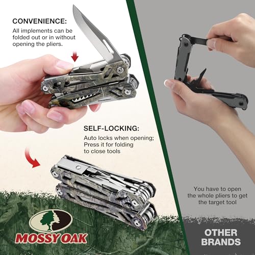 Image of MOSSY OAK Multitool, 22-in-1 Stainless Steel Pliers with Screwdriver Sleeve, Camo Steel Handle, Self-locking Knife with Sheath-Perfect for Outdoor, Survival, Camping, Hiking, Simple Repair