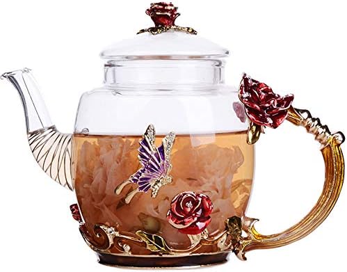 COLORFULTEA - Glass Teapots - 300 ml (10.2 oz) - Glass Teapot With Enamel Rose Flower Handle And Butterfly/Borosilicate Heat Resistant Glass Teapot/Heat-resisting Glass Teapot With Strianer