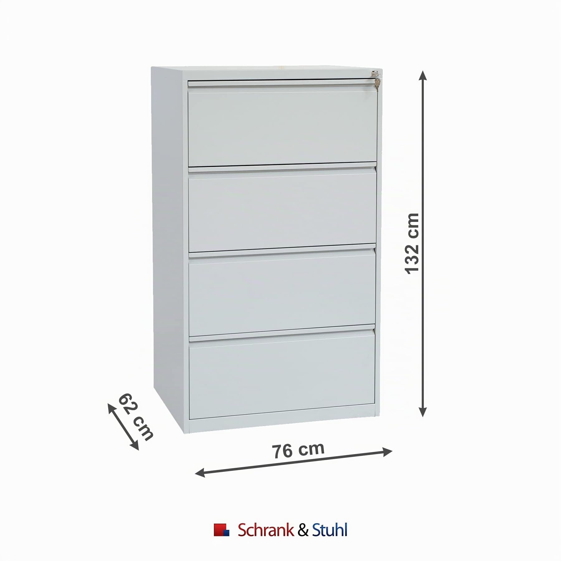 Schrank & Stuhl Hängeregisterschrank doppelbahnig – Hängemappenschrank mit 4 Schüben für DIN A4, abschließbar, Lieferung komplett montiert, 132 x 76 x 62 cm, Grau