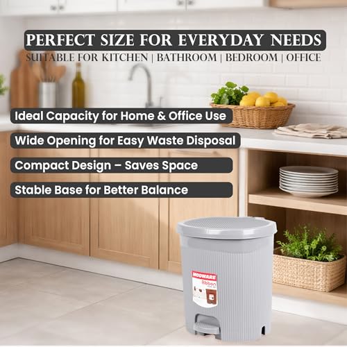 Image of MODWARE Premium Ribbon Plastic Pedal Dustbin with Removable Inner Bucket I PP Polypropylene Material I Foot Pedal for Hands-Free operation I for Kitchen, Office, College (Grey)