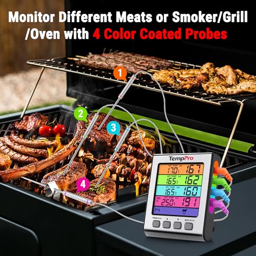 Image of ThermoPro Plastic Tp17H Digital Meat Thermometer With 4 Temperature Probes,Hi /Low Alarm Smoker Food Thermometer With Colored Backlit Lcd,Bbq For Cooking Grilling Kitchen Oven Barbecue Turkey