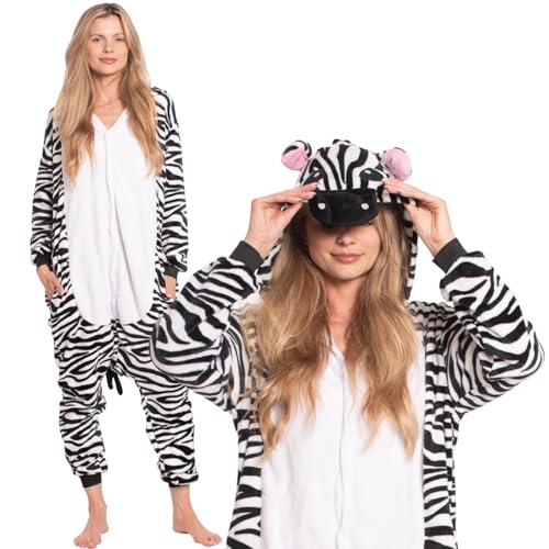 nikcorp - Schlafanzug Damen Kinder Jumpsuit Pyjama Damen Onesie Kostüm Cosplay - aus weichem warmem Material - Größen für Kinder und Erwachsene - Zebra Schwarz-Weiß M