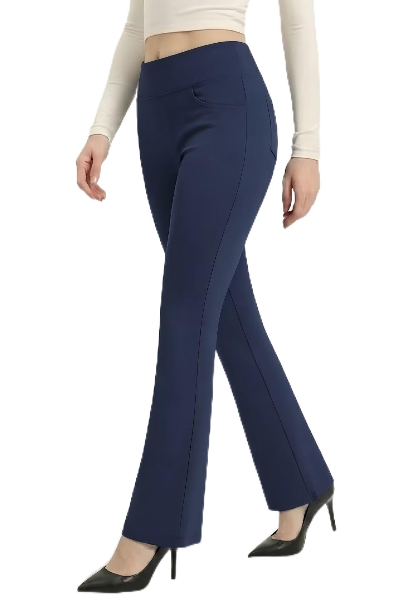 Pantaloni da donna a vita alta, elasticizzati, da lavoro, lavoro, casual, ufficio, 4 tasche, gamba svasata