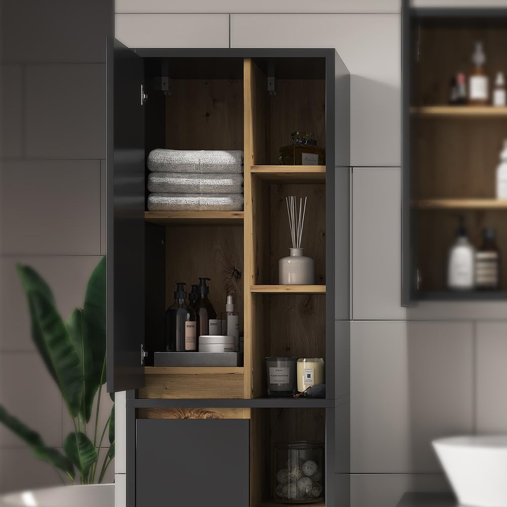 Vicco Armadio per il bagno Viola, Antracite, 50 x 170 cm con ante e vani a giorno, adatto al montaggio a parete e combinabile con altri mobili Viola