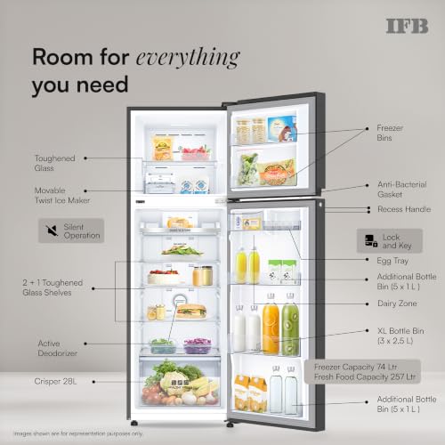 Image of IFB 331L 3 Star 12-in-1 Convertible, Advanced Inverter Frost-Free Double Door Refrigerator with 30 Hrs Cooling Retention, WiFi & 4 Year Super Warranty (2026, IFBFF-383CYKSETU, Metal Black)