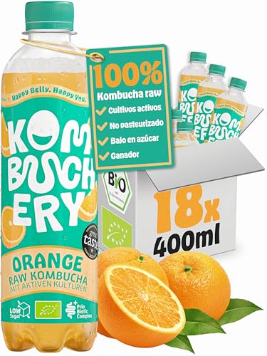 KOMBUCHERY® Kombucha de naranja ORGÁNICO crudo | 18 x 400ml | Té fermentado con cultivos activos para el intestino | Bajo en azúcar y en calorías | Sin pasteurizar, probiótico