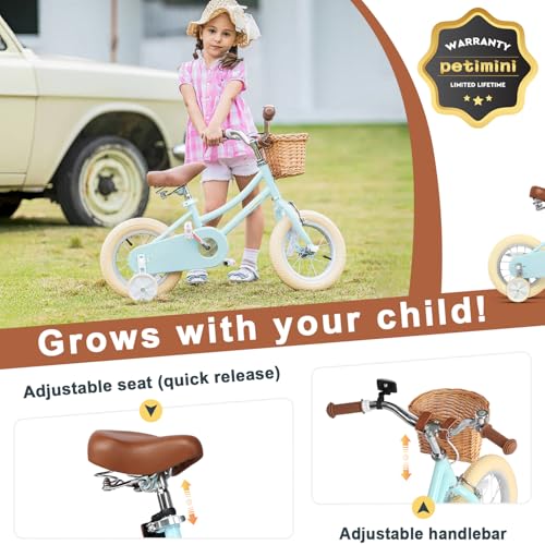 Image of Petimini Girls Bike with Basket for 2-12 Years Old Kids, 12 14 16 18 20 Inch Bicycle with Bell Training Wheels Basket, Multiple Colors