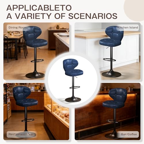 Image of Modern Bar Stools Set of 2, Adjustable Swivel Upholstered Full-Back Counter Height Bar Chairs for Kitchen Island, Dining Room, Bar Blue