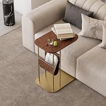 homary C-Shaped Side Table, 360 Rotating End Table with Storage, Walnut & Gold Sofa Table with Magazine Rack, Space-Saving Table for Living Room & Bedroom Walnut
