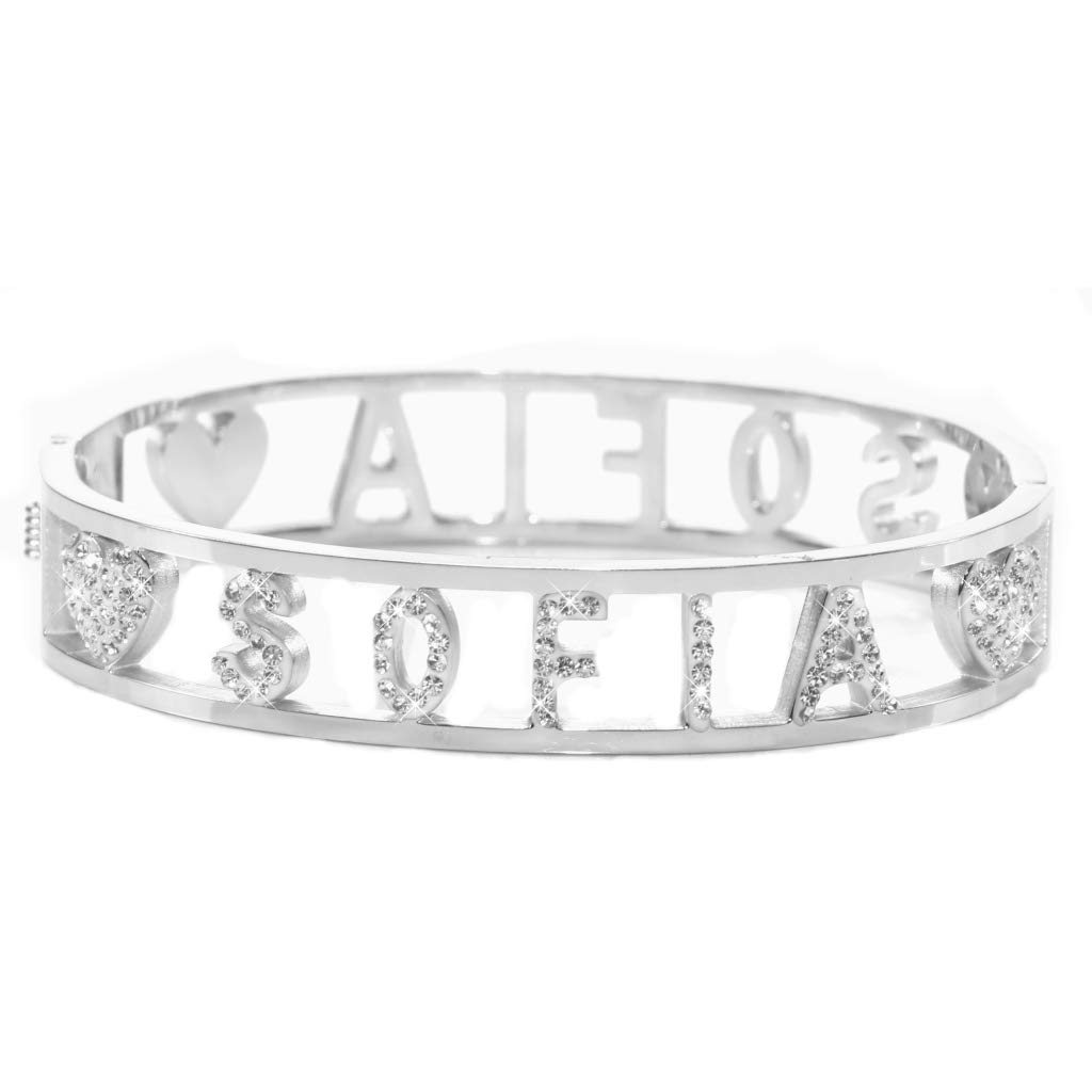 Flowers Bracciale Rigido Acciaio con Nome Vari e Zirconcini Sacchettino in Tessuto Scritta Nome ricoperta di Strass Brillantissimi Bracciale a Manetta Donna Chiusura a Molla Idea Regalo