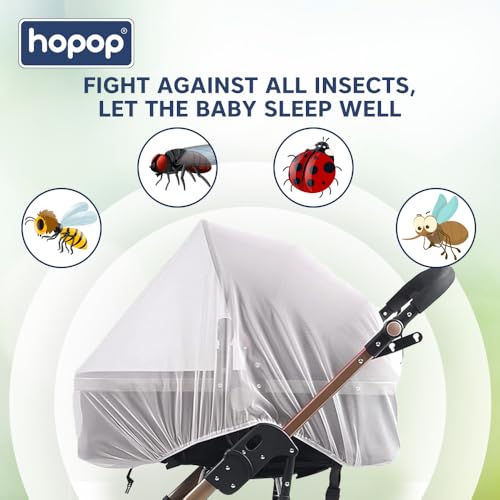 Image of Hopop Universal Mosquito Net for Baby: White, Full Coverage, Elastic Edges, Fits Strollers, Bassinets, Car Seats, Cribs, Keeps Bugs Out