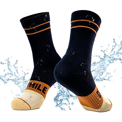 DRYMILE Mountain Waterproof Wool Socks, Breathable, Cushioned, Hiking, Skiing, Camping and All Winter Activities –Crew (Large Black/Hazel)