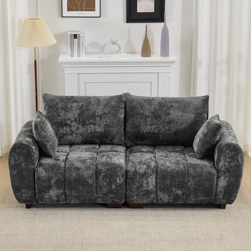 Image of 81.5 inch Chenille Love Seat Sofa, 2 Seater Modular Sectional Couch with Deep Seat, Solid Wood Legs, Cloud Couch for Bedroom, Living Room, Mid Century Modern Loveseat, Tufted Sofa, Grey
