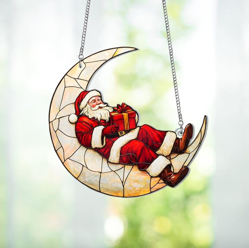 Santa Claus on The Moon Sun Catcher - Christmas Decor for Windows - Cute Xmas Gift - Indoor Hanging Decor - Winter Window Decor
